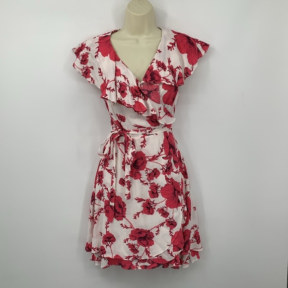 Free People French Quarter wrap dress red pink white floral ruffle new Small - Picture 2 of 5
